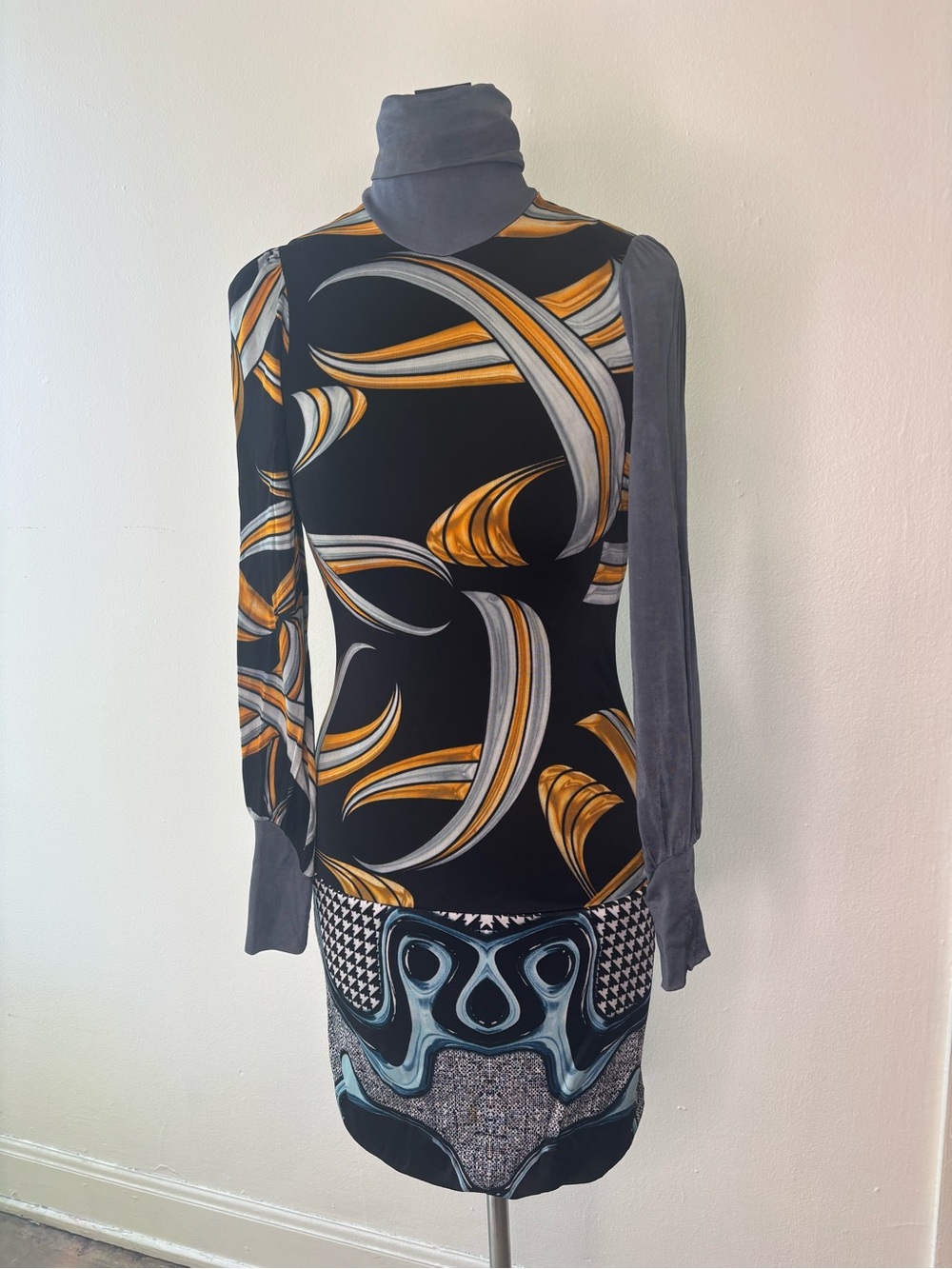 Vintage Custo Barcelona dropwaist fitted dress with turtleneck & puff sleeves.